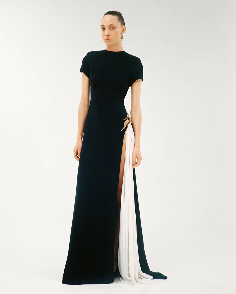A-LINE CREPE DRESS WITH HAND PLEATED CHIFFON SLIT AND EMBROIDERED BROCARD - Image 2