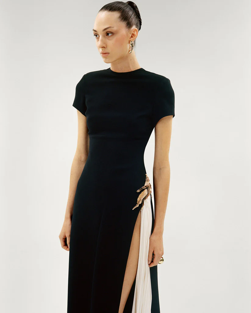 A-LINE CREPE DRESS WITH HAND PLEATED CHIFFON SLIT AND EMBROIDERED BROCARD - Image 3
