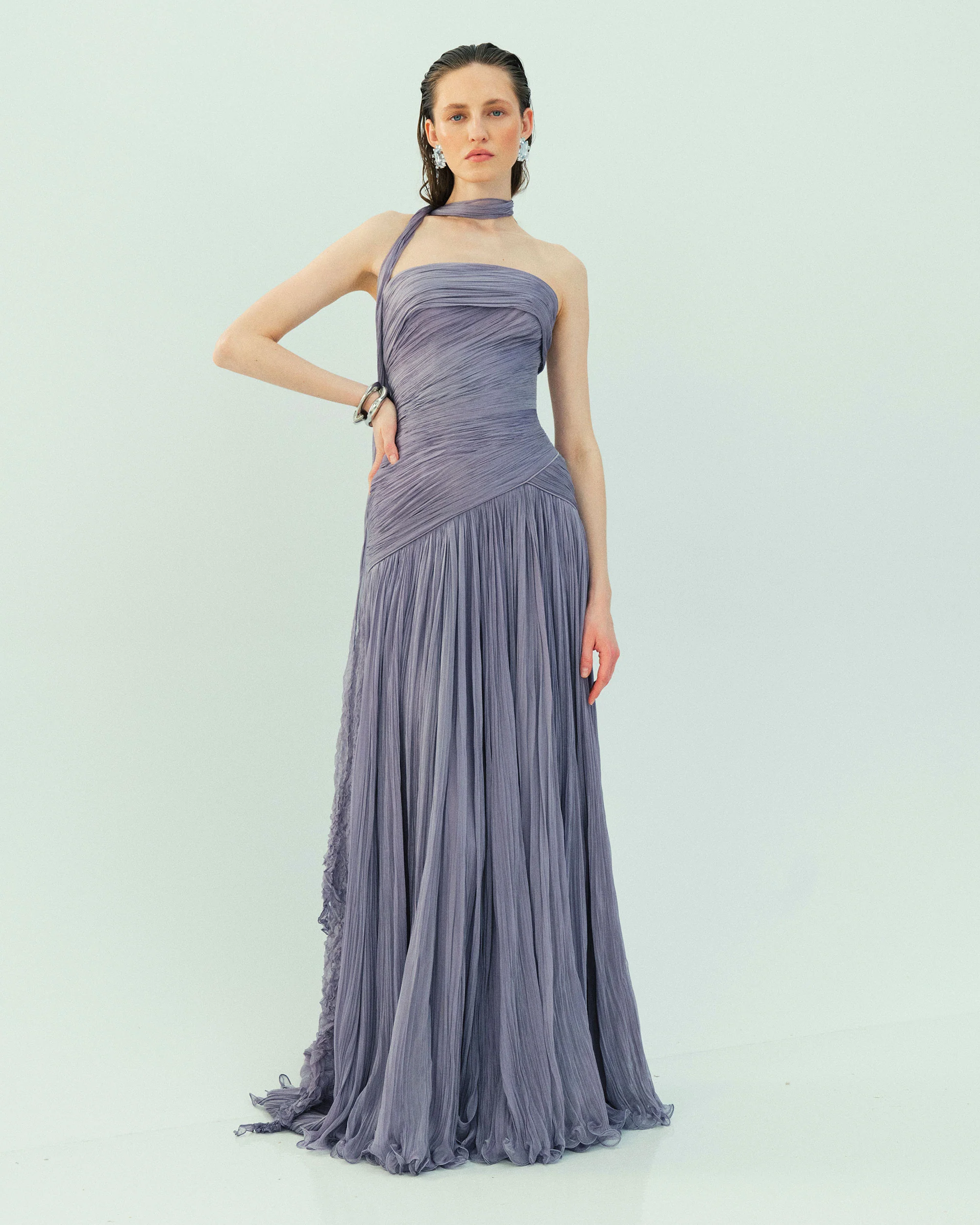 ALINA - STRAPLESS PLEATED CHIFFON GOWN WITH CAPE - Image 2
