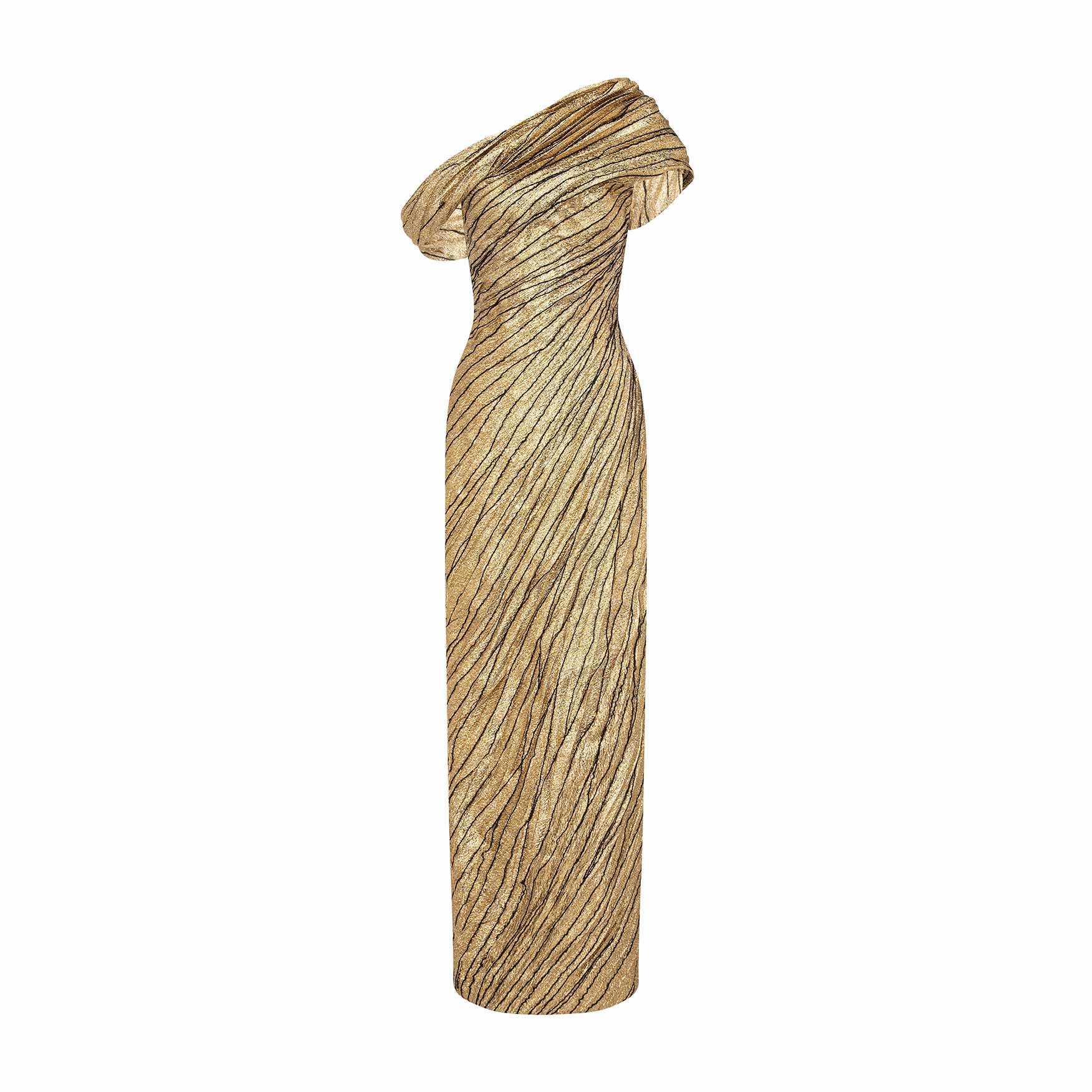 Asymmetrical Brocade Dress With Wiring Outline And Piping Detail