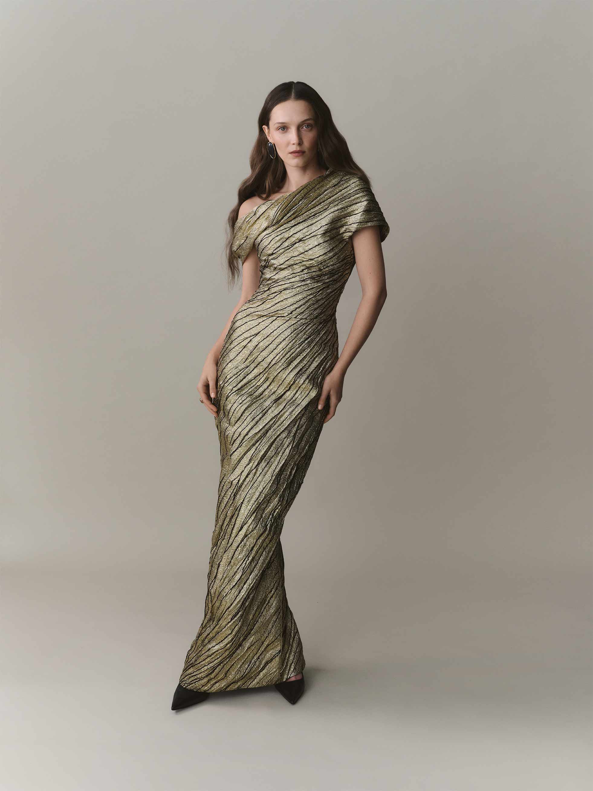 Asymmetrical Brocade Dress With Wiring Outline And Piping Detail - Image 2