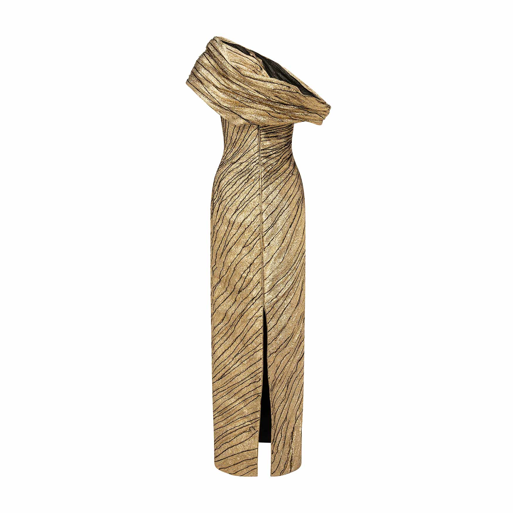 Asymmetrical Brocade Dress With Wiring Outline And Piping Detail - Image 4