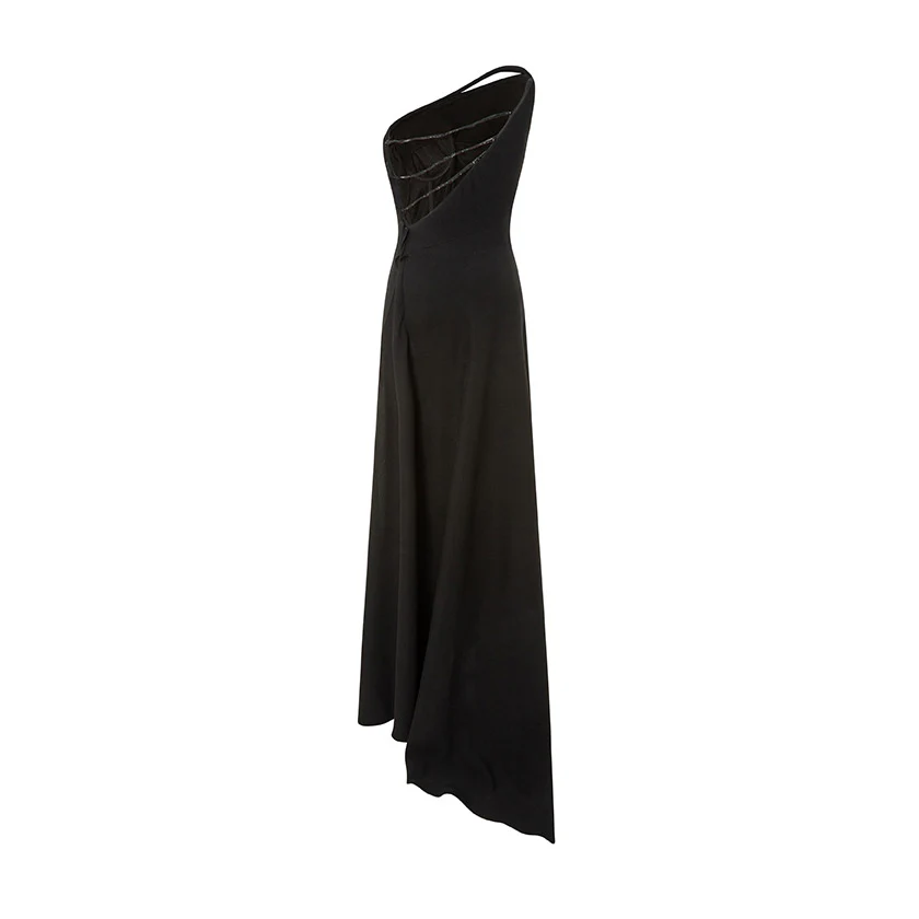 Asymmetrical Crepe Backless Dress With Embroidered Back Straps - Image 4