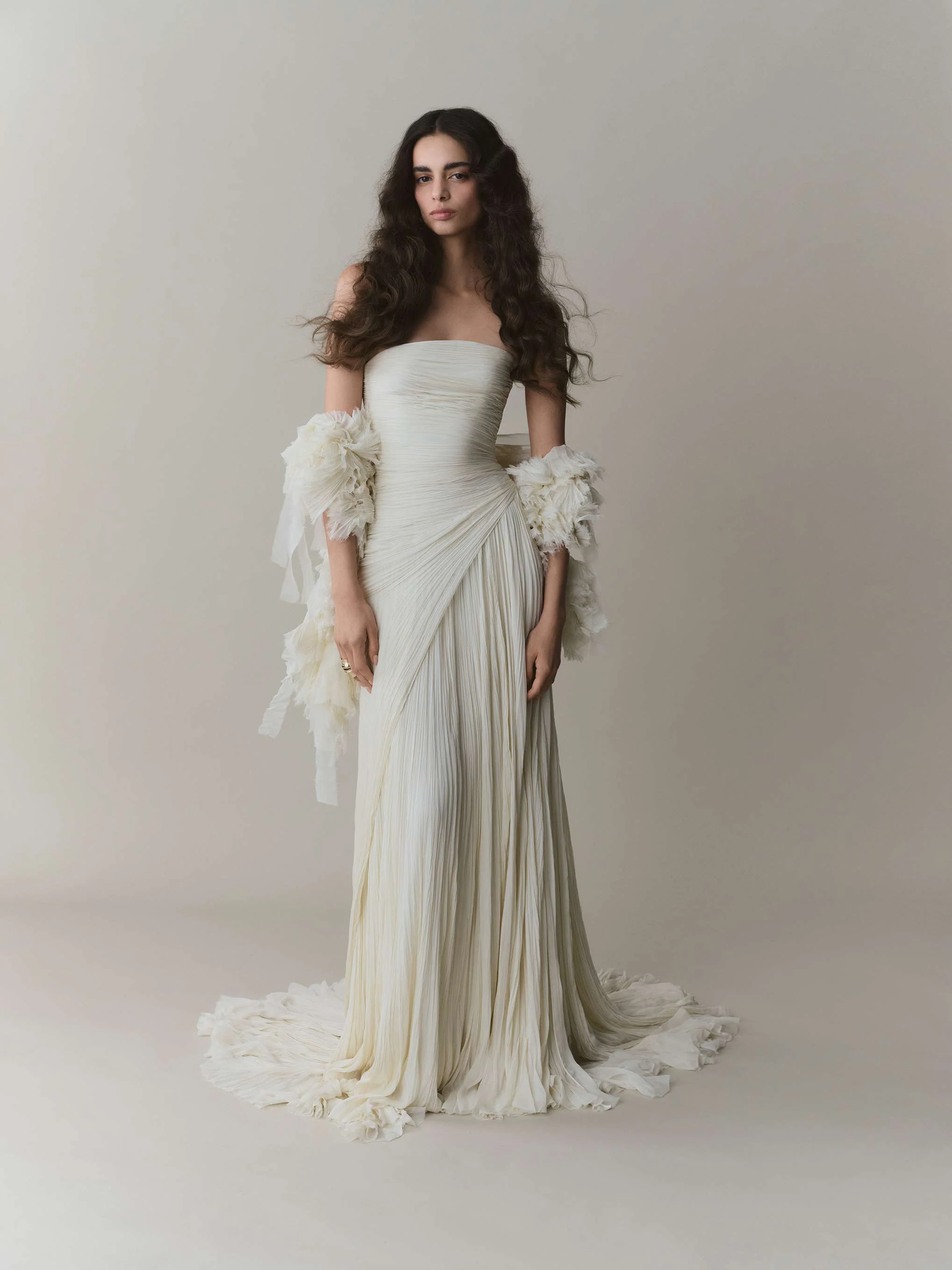 Cape Styled With Strapless Silk Georgette Pleated Dress - Image 3