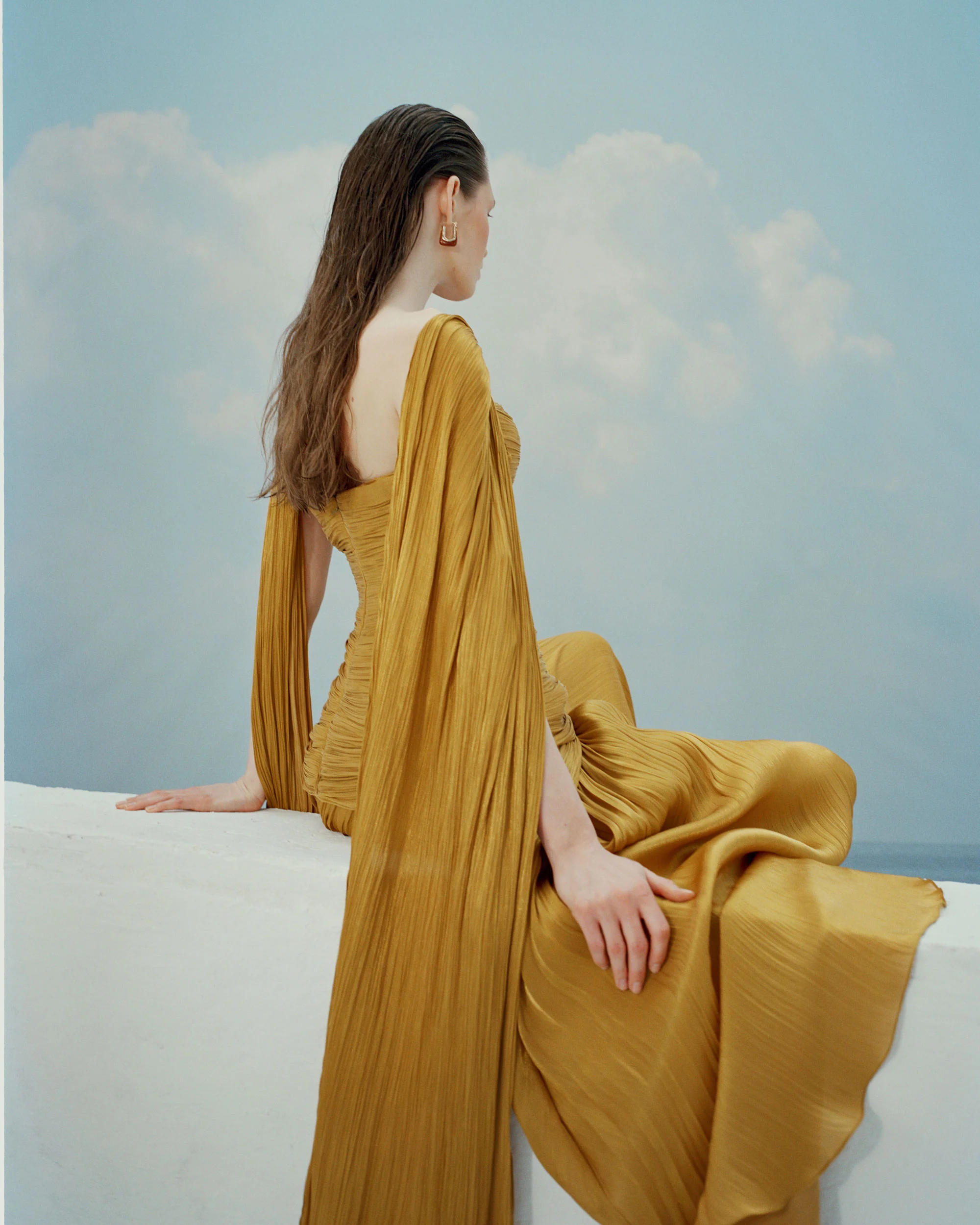 CARIDAD - STRAPLESS PLEATED SILK A-LINE GOWN WITH CAPE - Image 3