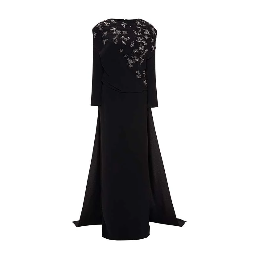 EMBODIED LONG-SLEEVE GOWN WITH CAPE