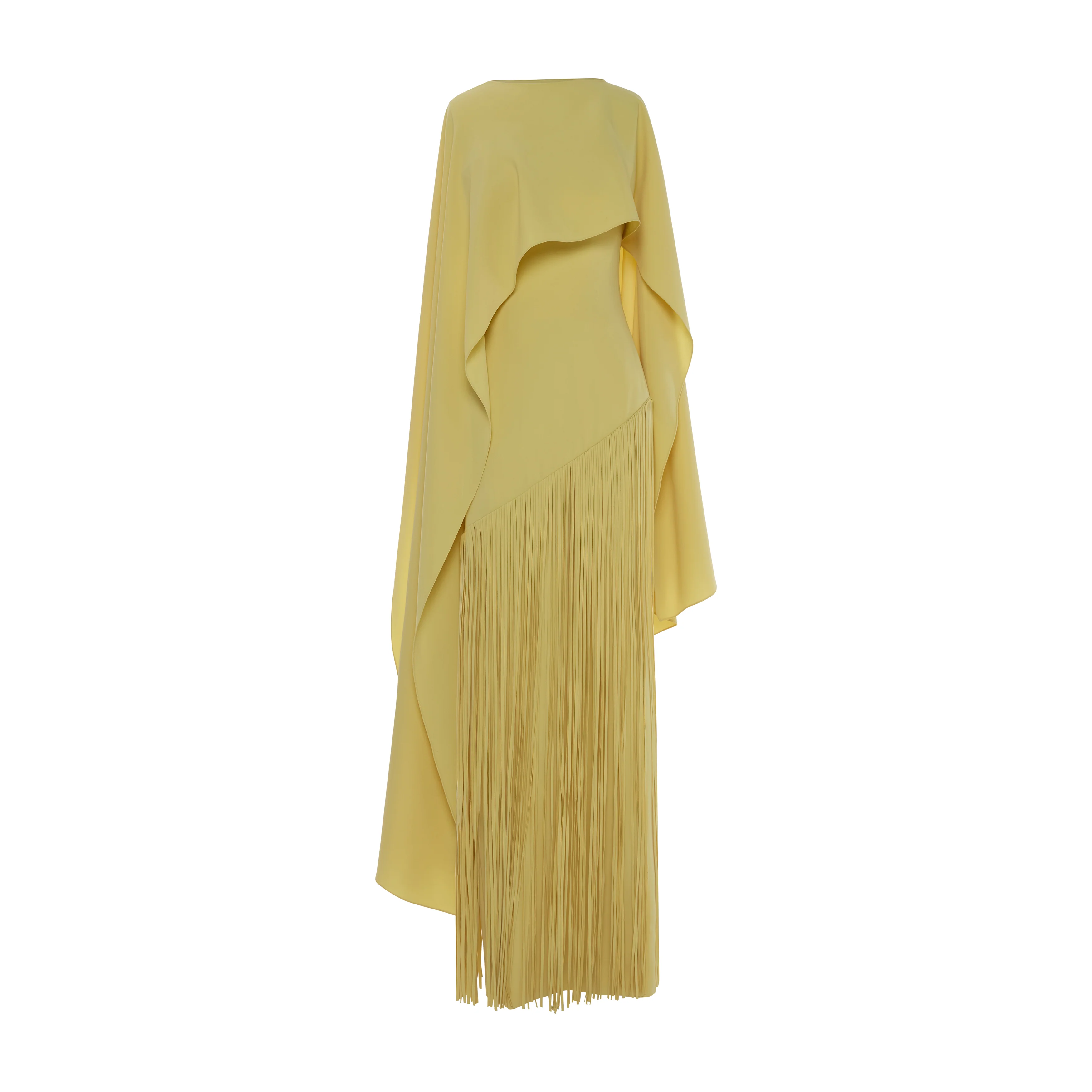 GISELLE - STRAPLESS CREPE GOWN WITH LASER-CUT FRINGES AND CAPE
