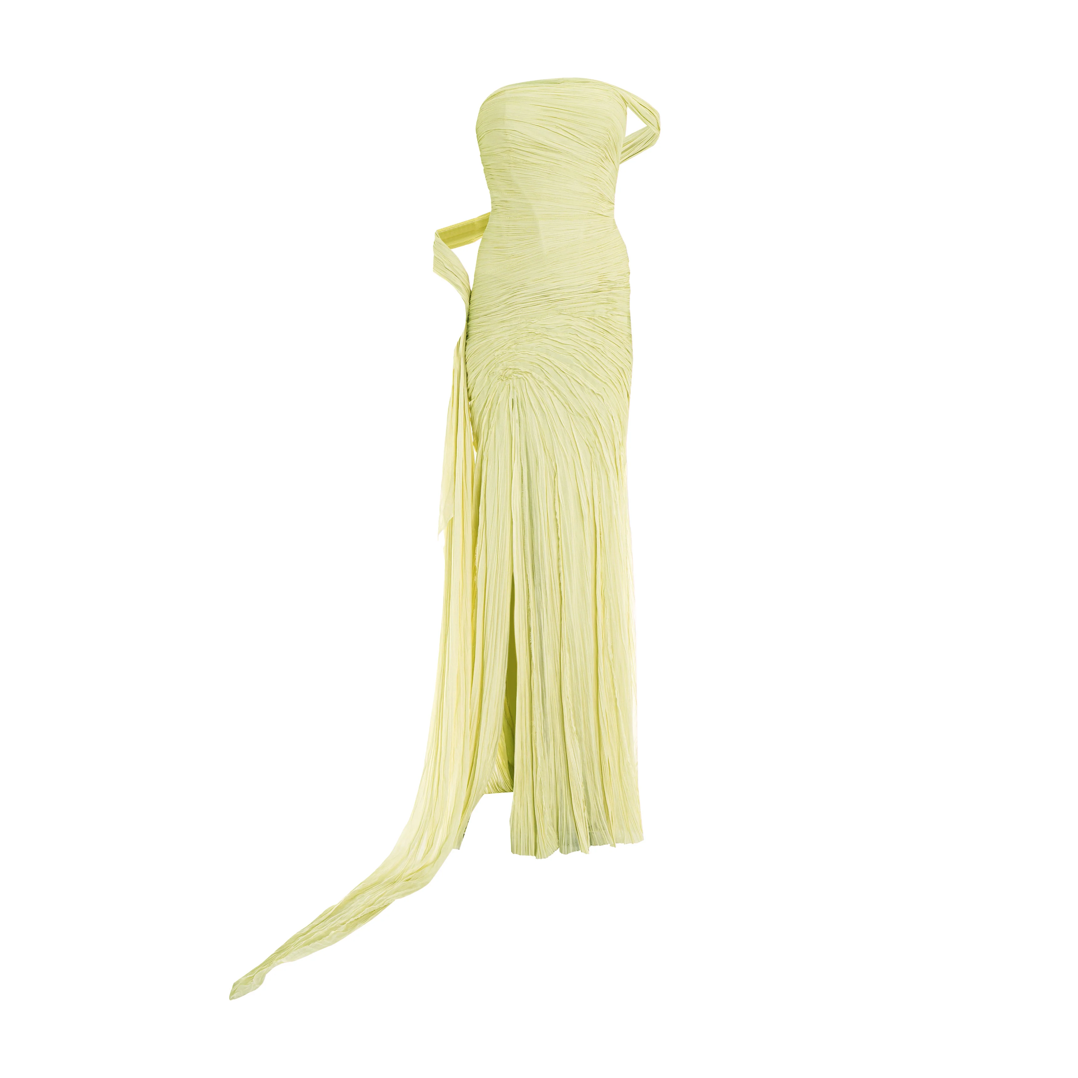 Hand pleated draped chiffon gown with cape and slit - Image 3