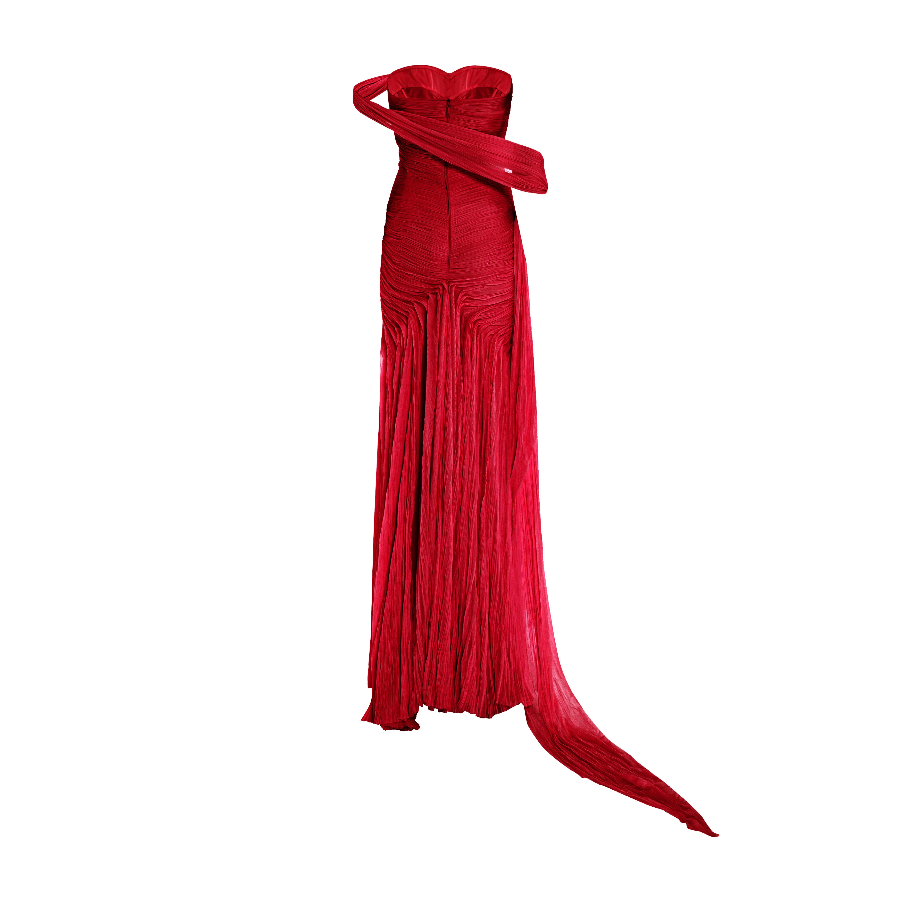 Hand pleated draped chiffon gown with cape and slit - Image 5