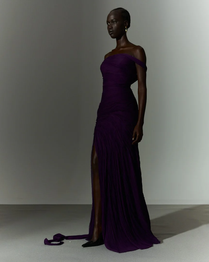 Hand pleated draped chiffon gown with cape and slit - Image 6