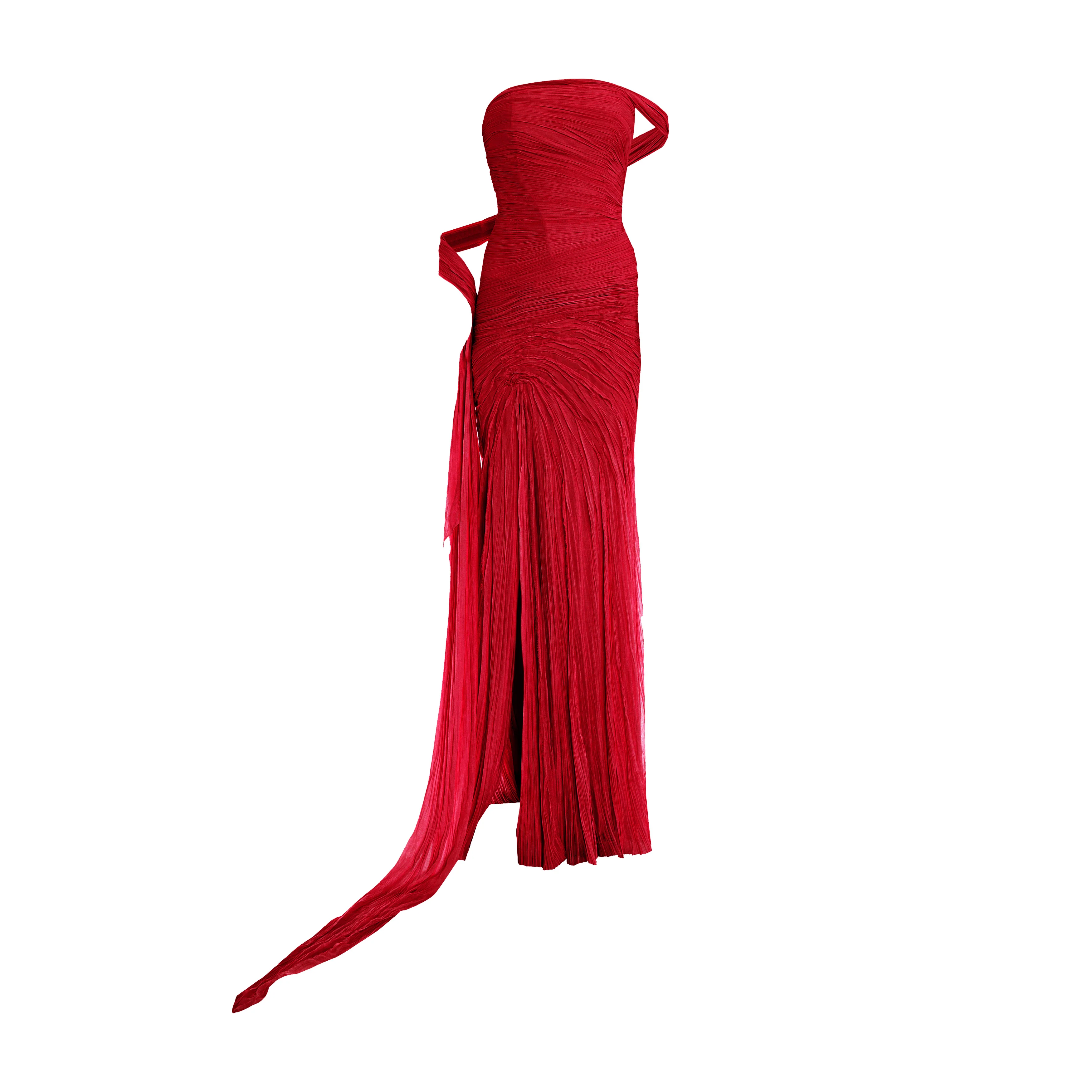 Hand pleated draped chiffon gown with cape and slit - Image 7