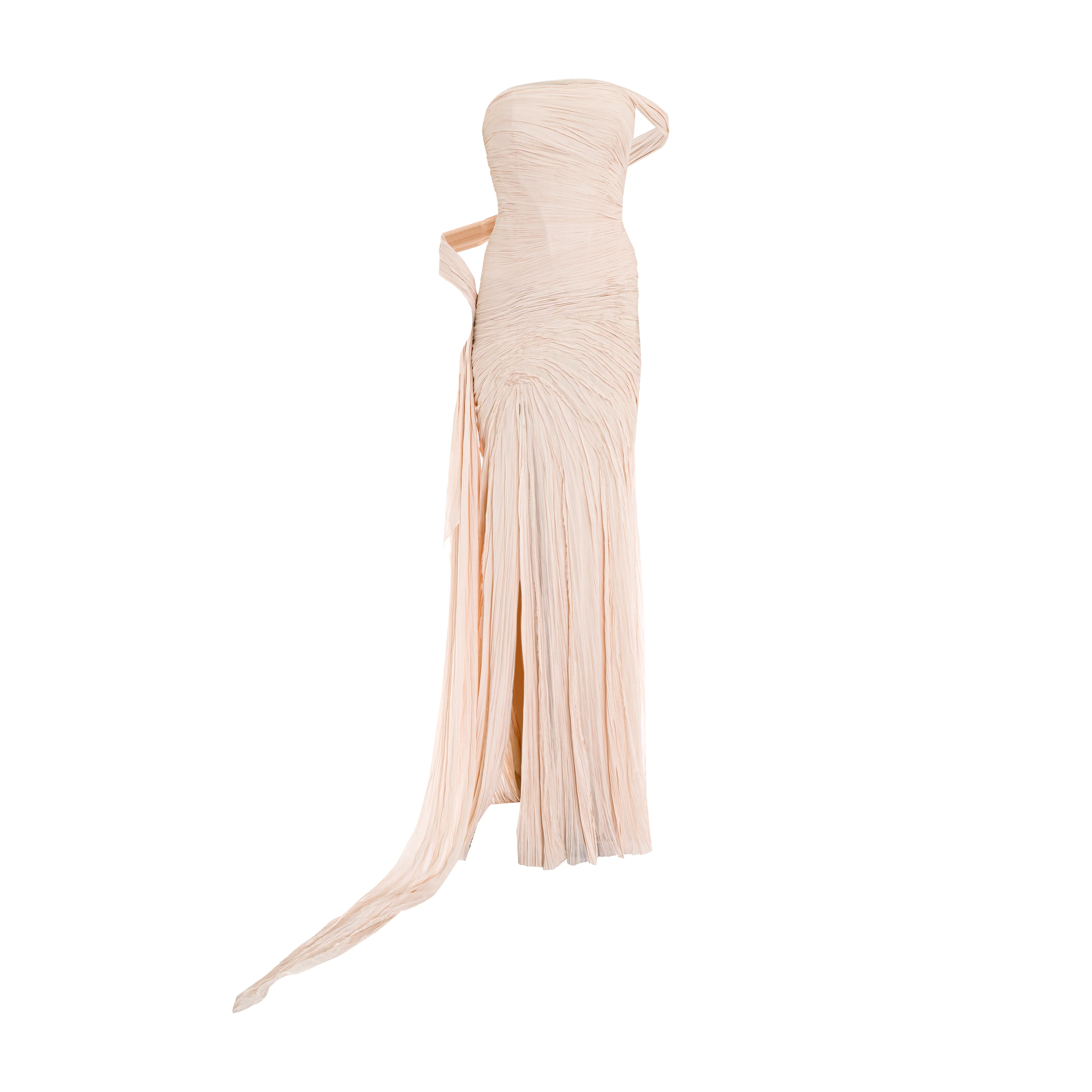 Hand pleated draped chiffon gown with cape and slit - Image 8