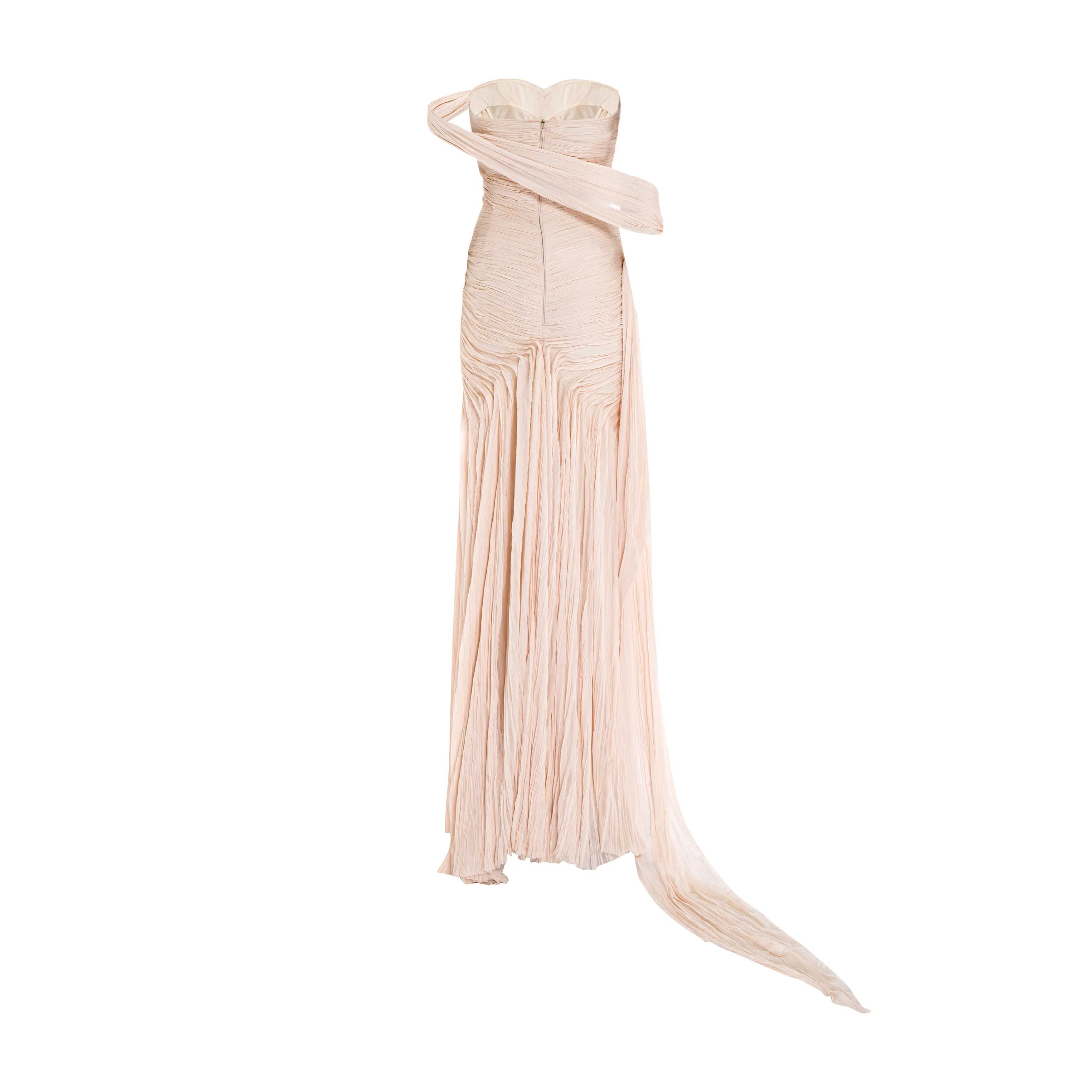 Hand pleated draped chiffon gown with cape and slit - Image 9