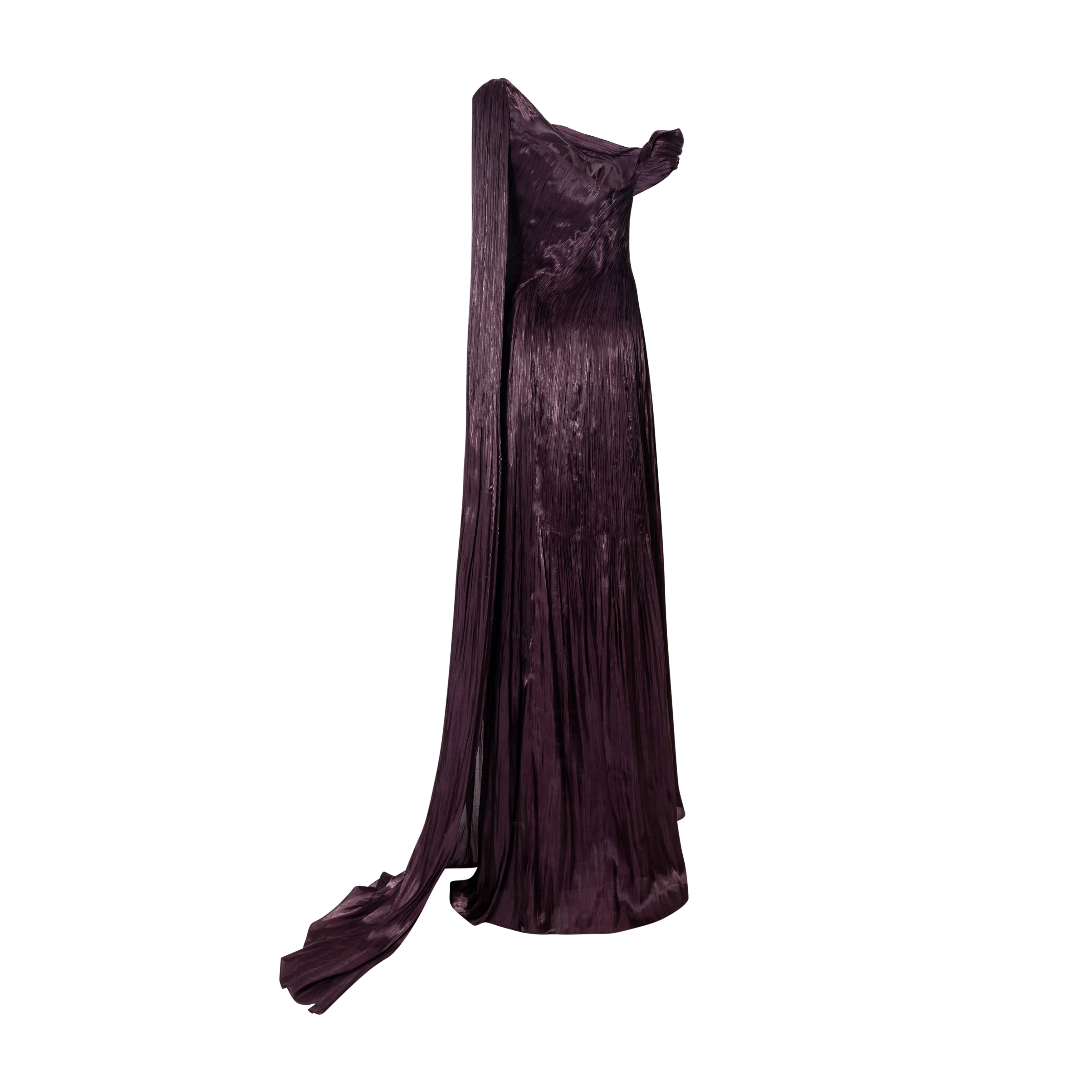 Hand pleated draped Satin-like gown with one shoulder cape - Image 3