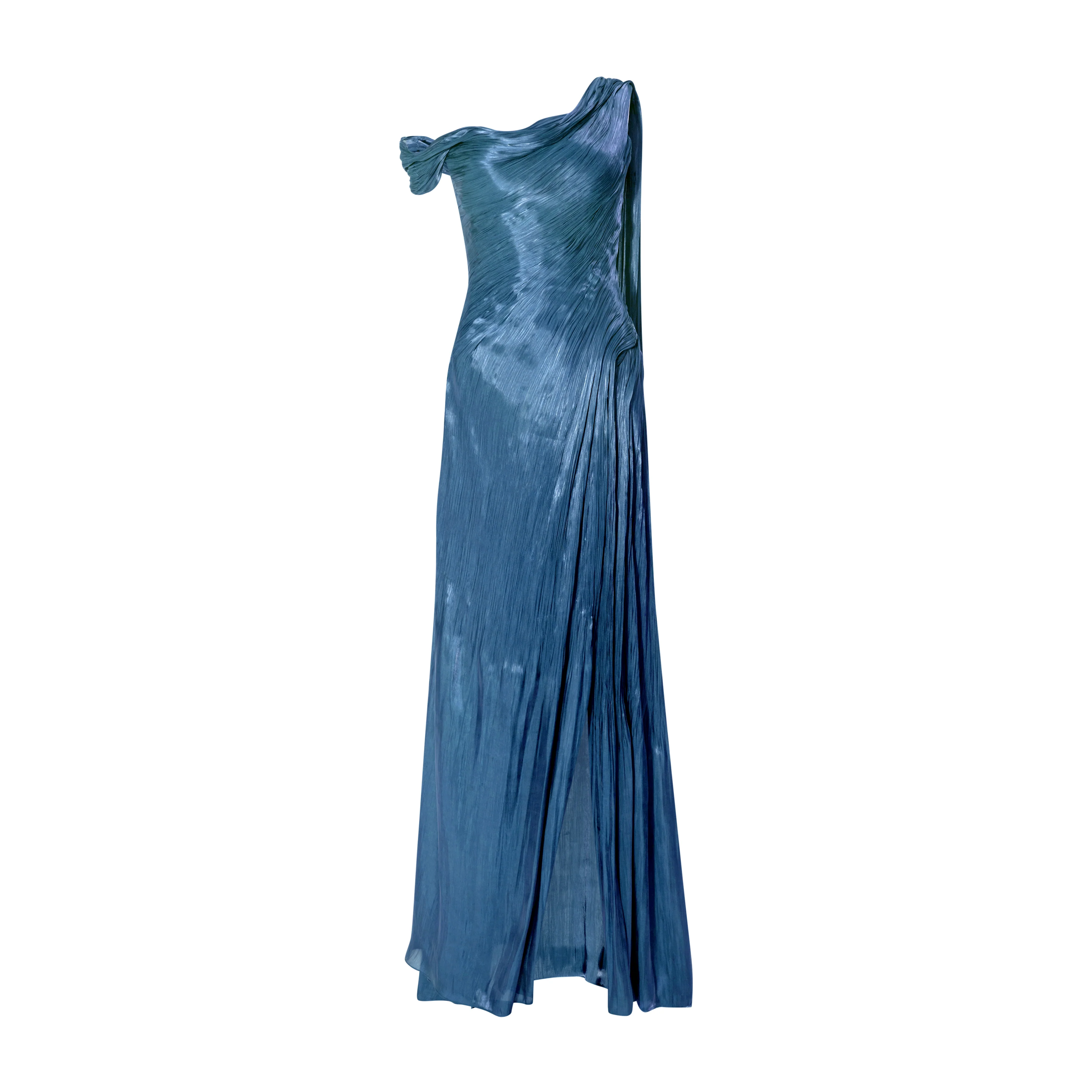 Hand pleated draped Satin-like gown with one shoulder cape - Image 4