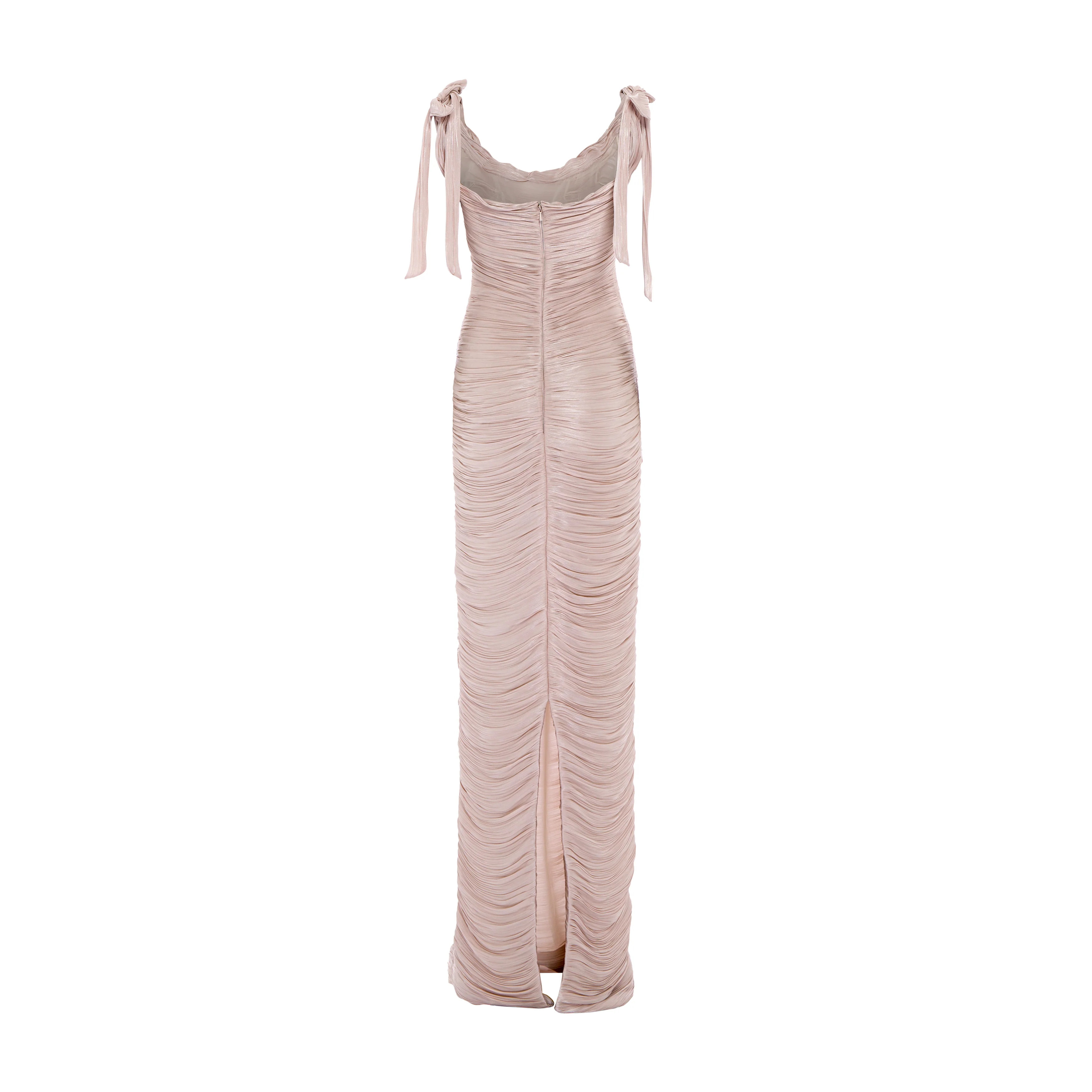 Hand pleated draped satin-like gown with bow straps - Image 3