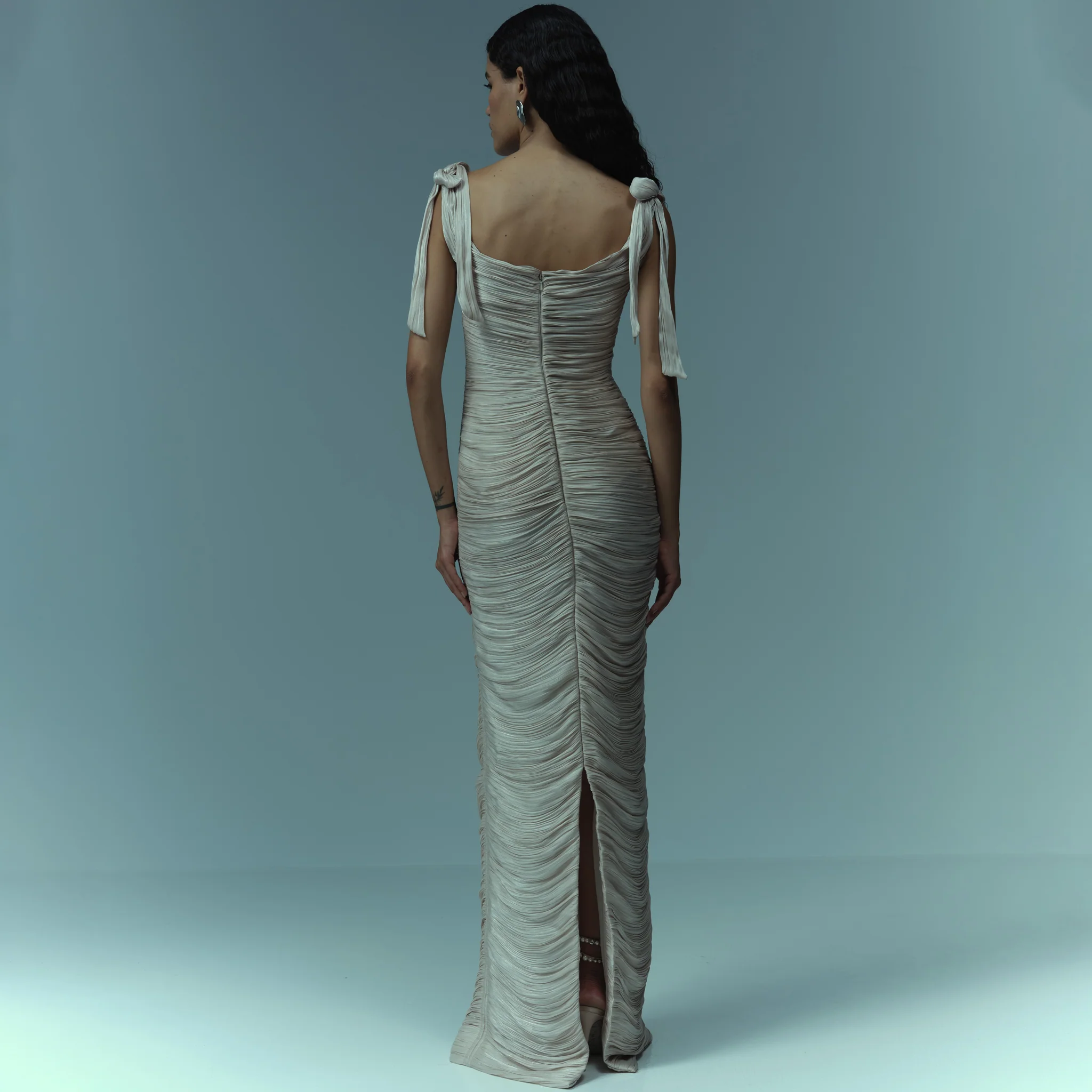 Hand pleated draped satin-like gown with bow straps - Image 4