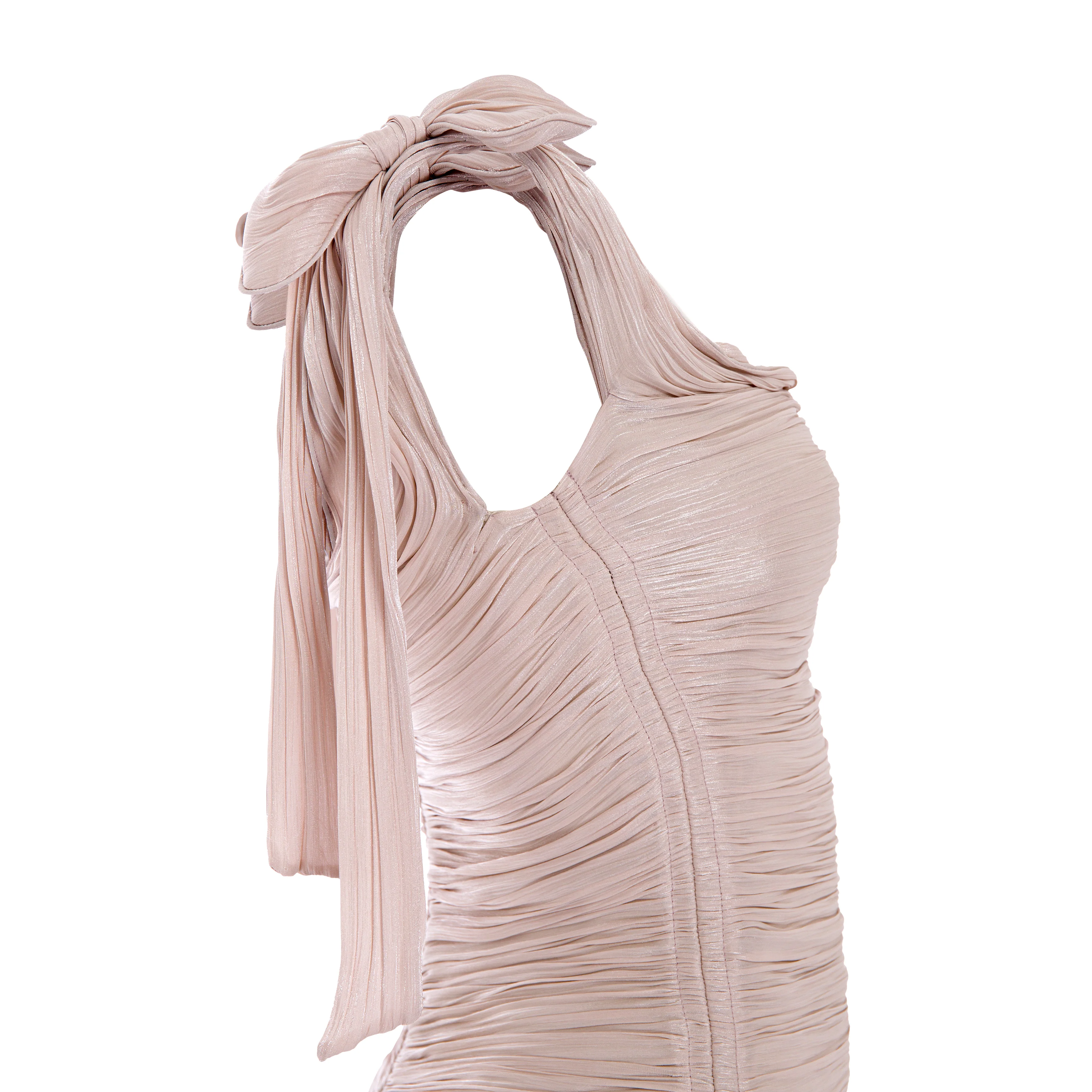 Hand pleated draped satin-like gown with bow straps - Image 5