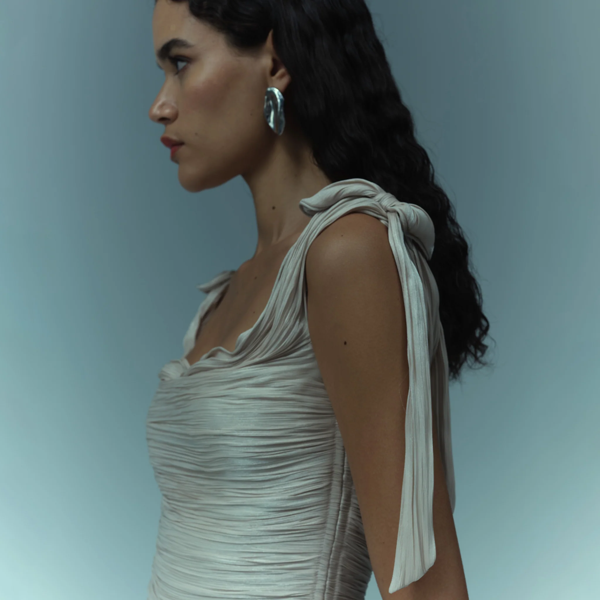 Hand pleated draped satin-like gown with bow straps - Image 6