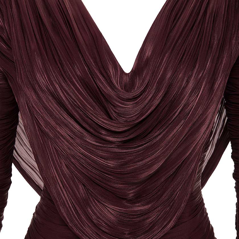 HAND PLEATED LONG SLEEVES SILK GOWN WITH FRONT CAPE - Image 4
