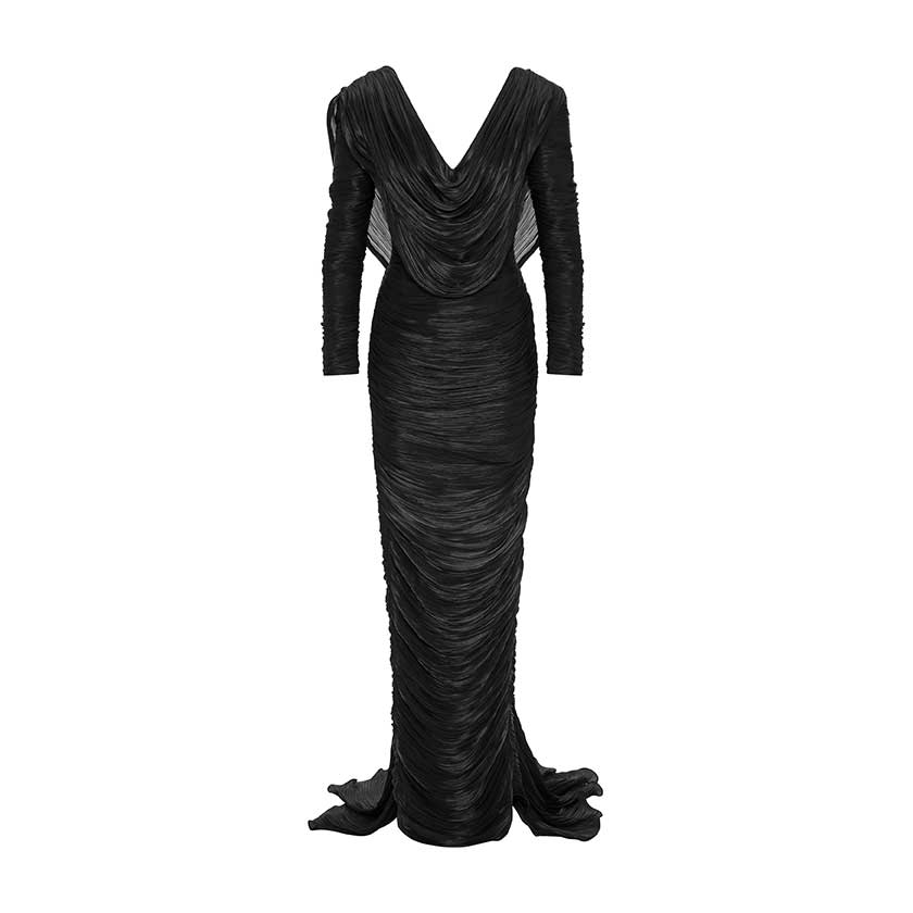 HAND PLEATED LONG SLEEVES SILK GOWN WITH FRONT CAPE - Image 5