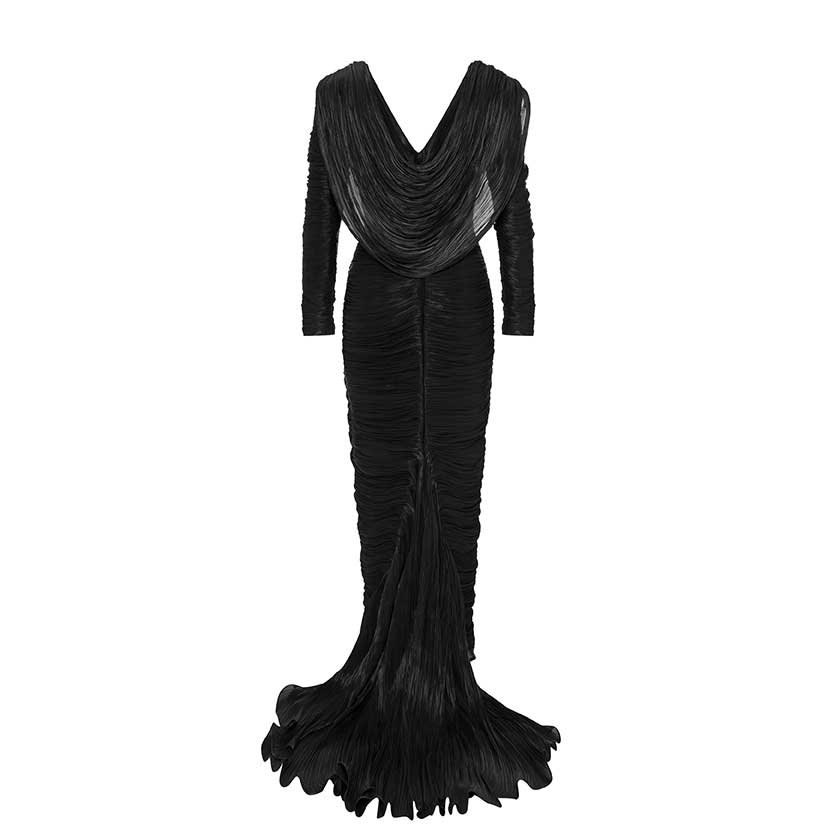 HAND PLEATED LONG SLEEVES SILK GOWN WITH FRONT CAPE - Image 6