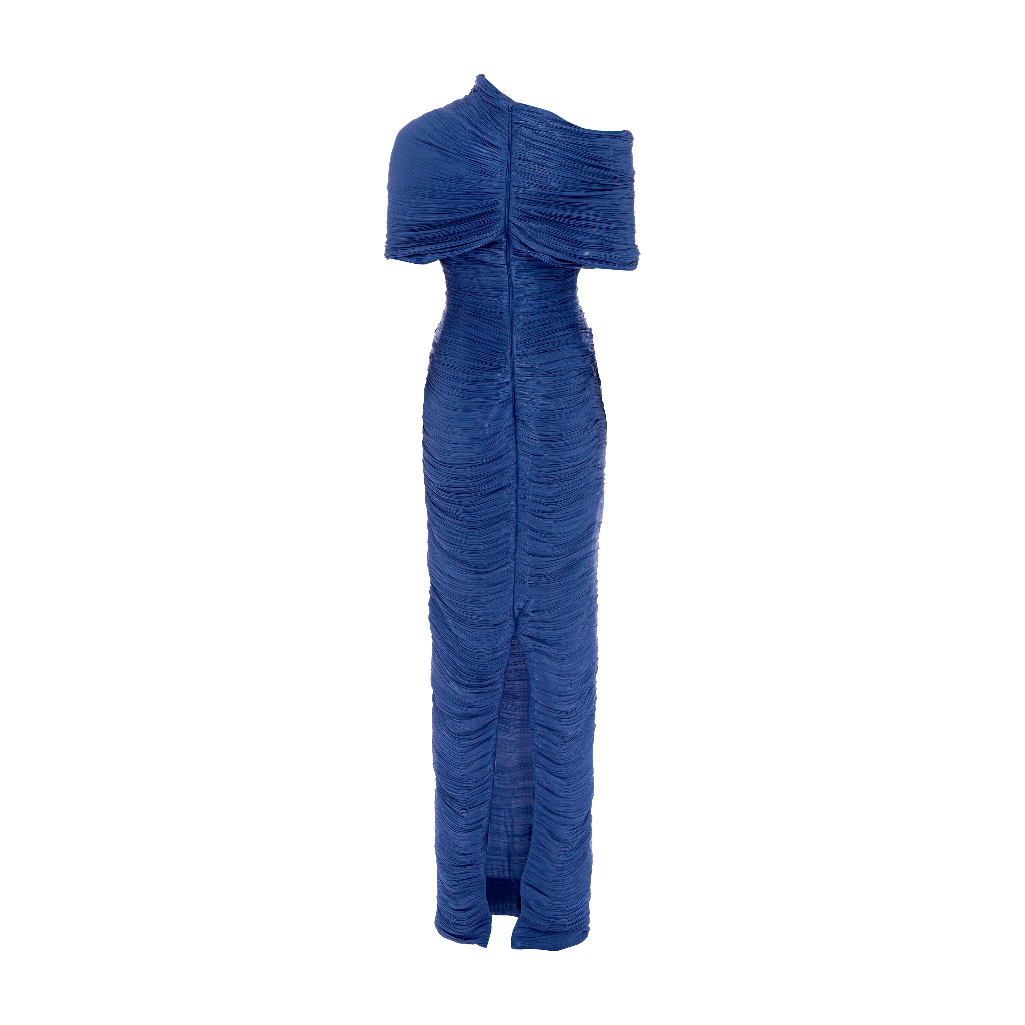 Hand pleated Satin - like dress with attached cape and soft wires - Image 3