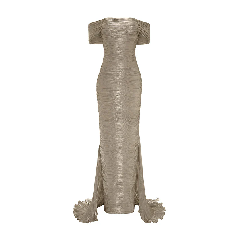 HAND PLEATED SILK WITH TAIL GOWN - Image 5