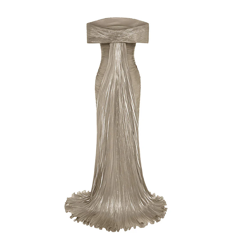 HAND PLEATED SILK WITH TAIL GOWN - Image 6