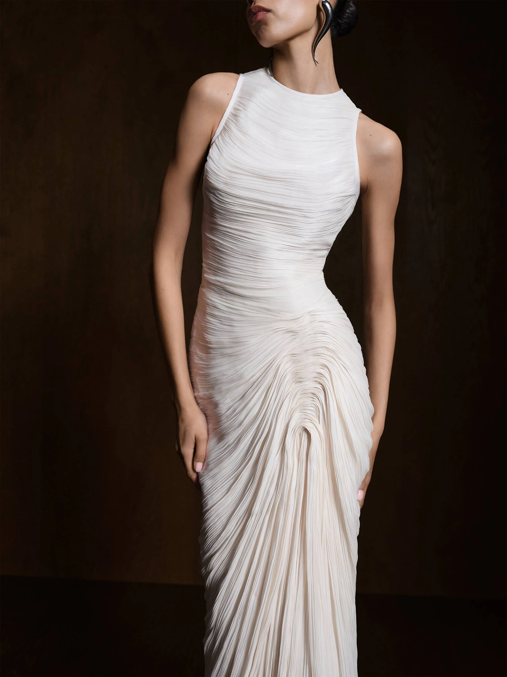 High Neck Pleated Satin Dress - Image 3