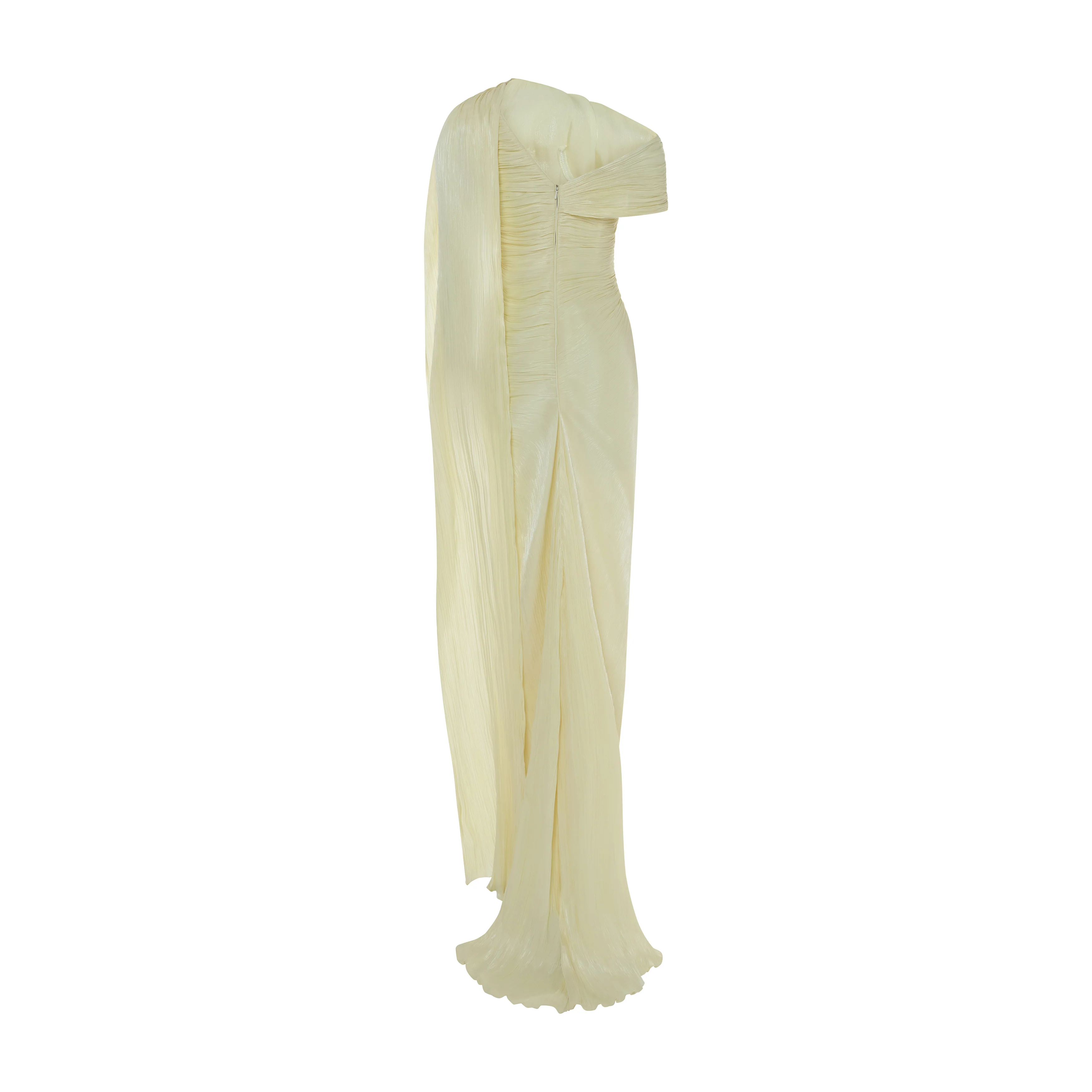 LEANDRA - ASYMMETRICAL PLEATED SILK GOWN WITH FRINGES AND ONE-SHOULDER CAPE - Image 3