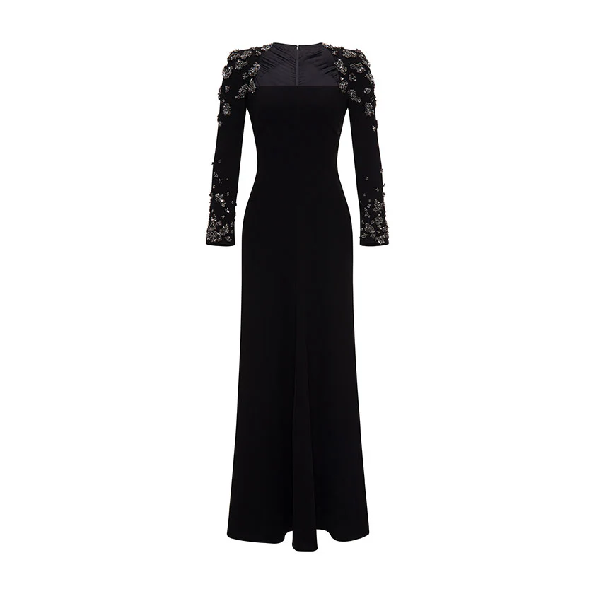 LONG -SLEEVE CREPE GOWN WITH EMBODIED SHOULDER AND SLEEVE