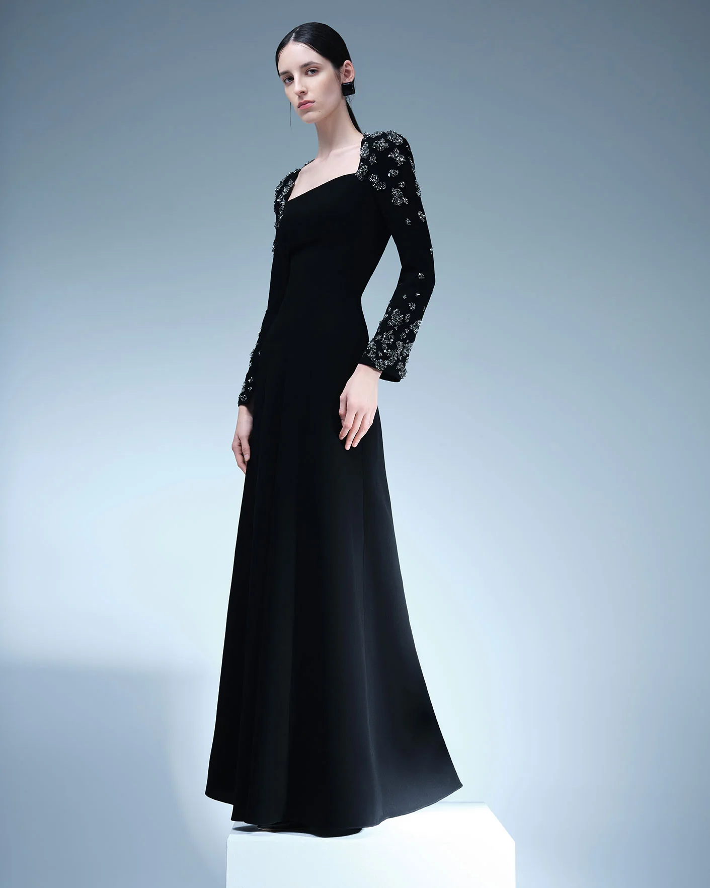 LONG -SLEEVE CREPE GOWN WITH EMBODIED SHOULDER AND SLEEVE - Image 2