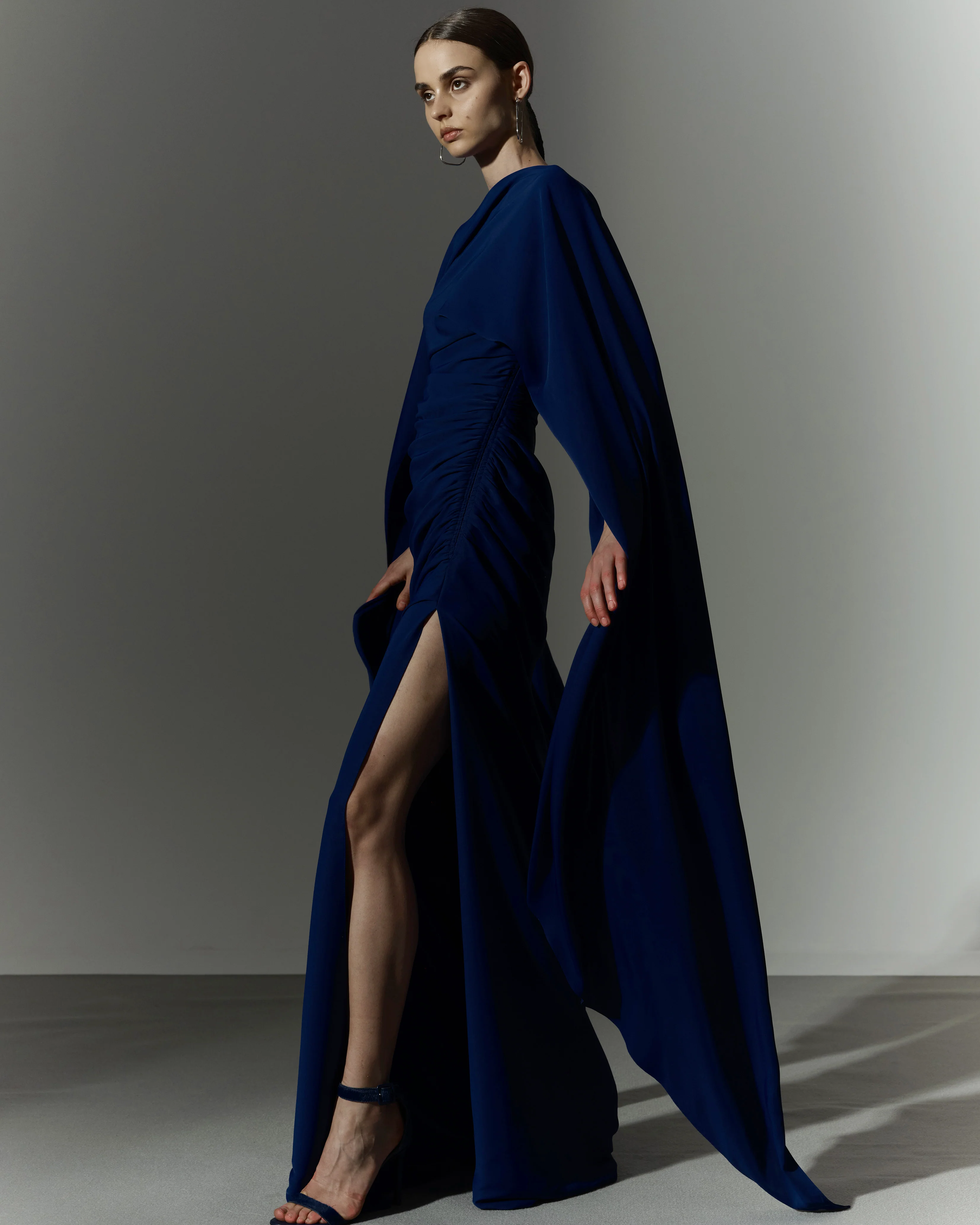 Long sleeve draped Crepe gown with slit - Image 6