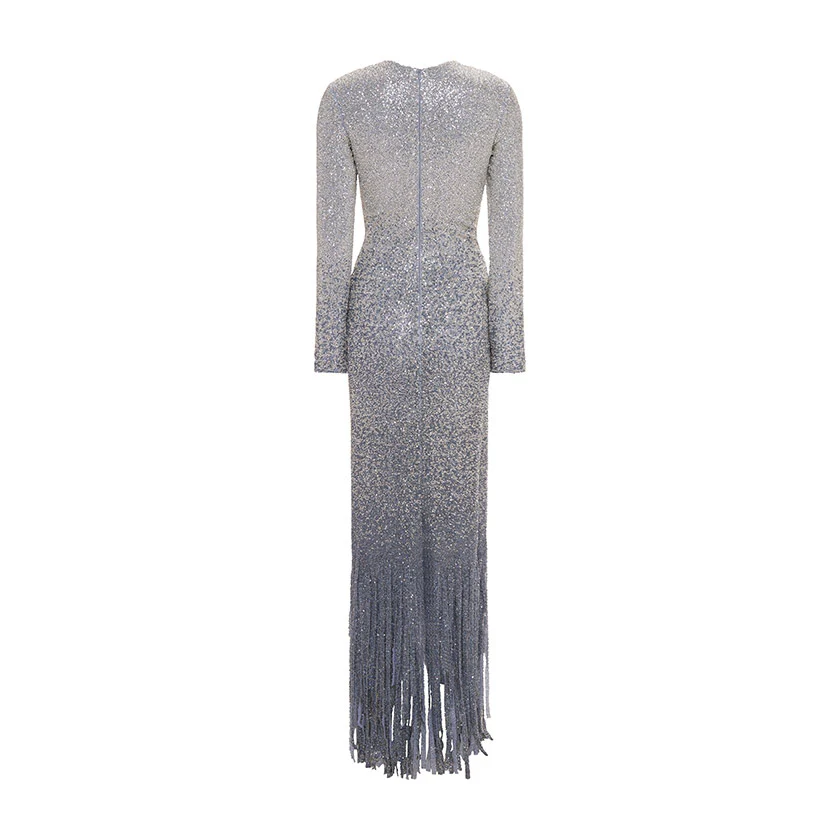 LONG -SLEEVED BEADED STONE GOWN WITH STRIP CUTS DOWN - Image 3