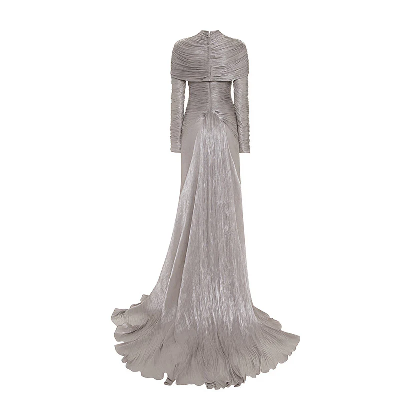 LONG-SLEEVED PLEATED GOWN WITH DETACHABLE CAPE - Image 5