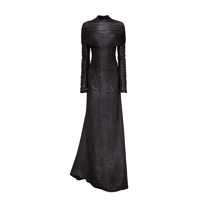 LONG-SLEEVED PLEATED GOWN WITH DETACHABLE CAPE - Image 6