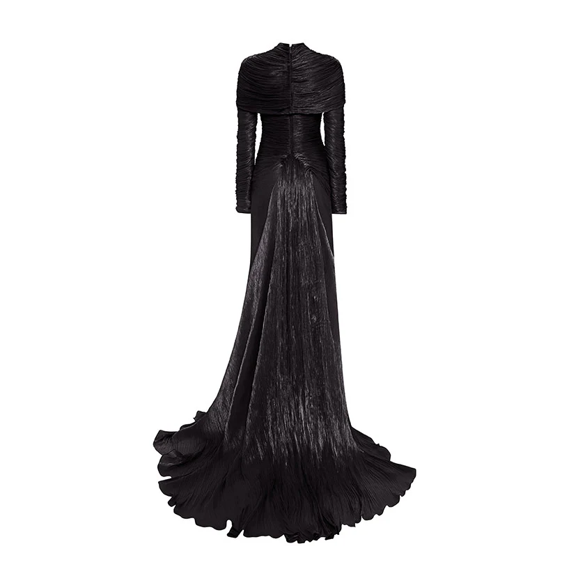 LONG-SLEEVED PLEATED GOWN WITH DETACHABLE CAPE - Image 7