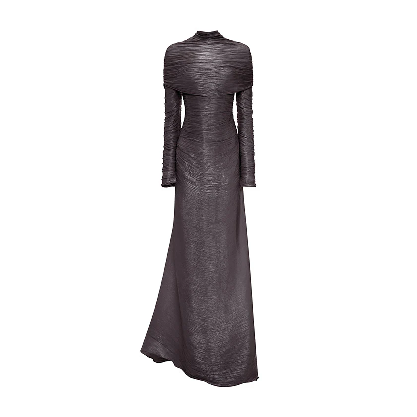 LONG-SLEEVED PLEATED GOWN WITH DETACHABLE CAPE - Image 8