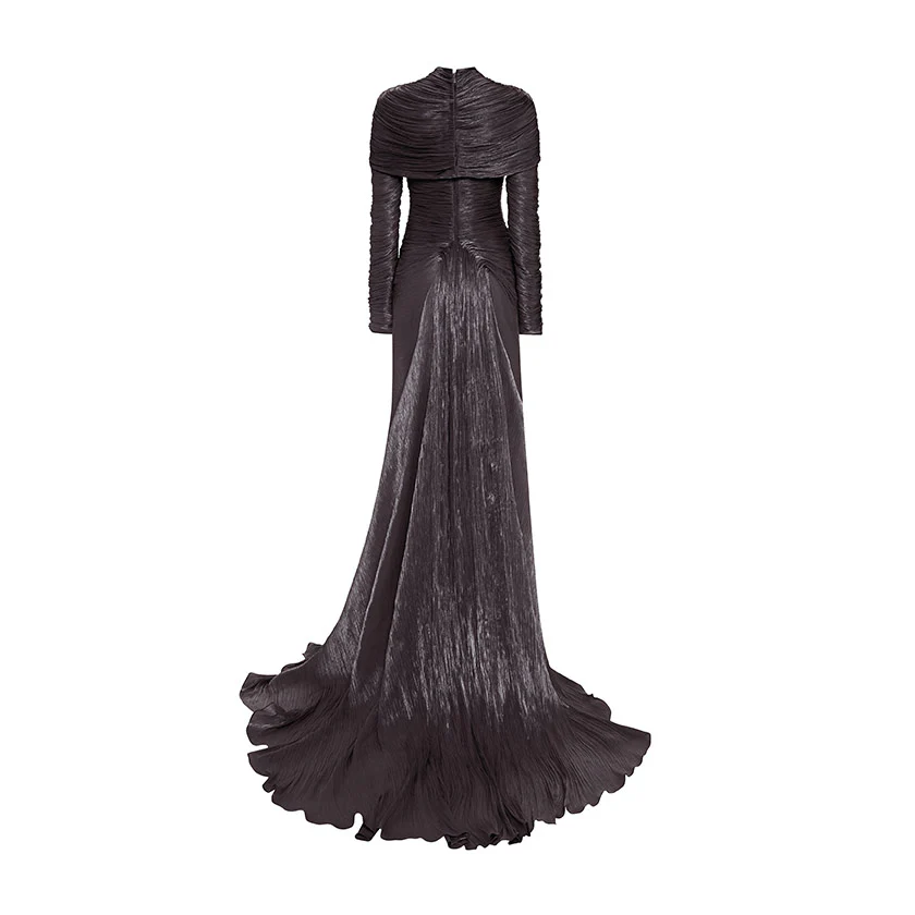 LONG-SLEEVED PLEATED GOWN WITH DETACHABLE CAPE - Image 9