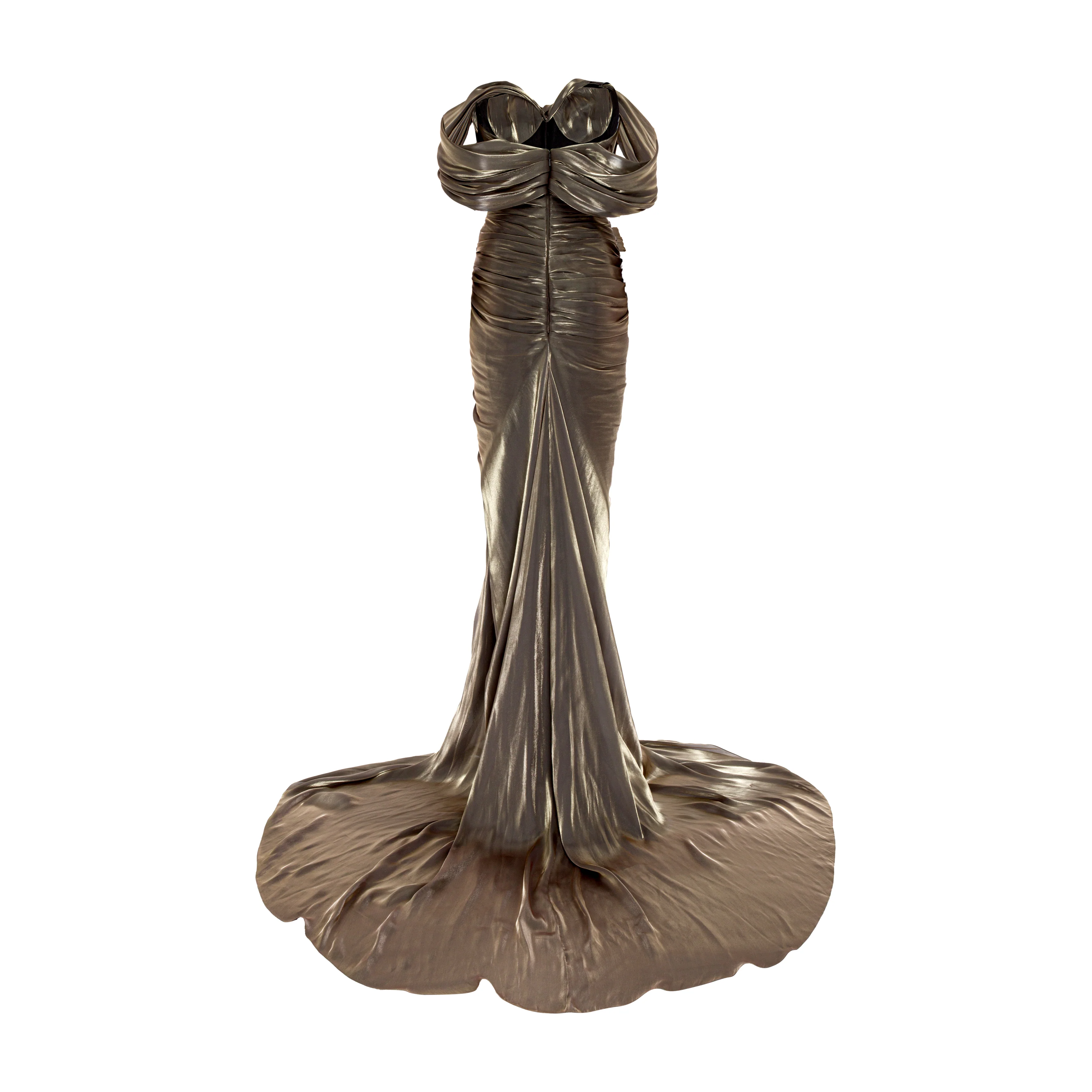 Off shoulder draped Satin- like gown with slit - Image 3