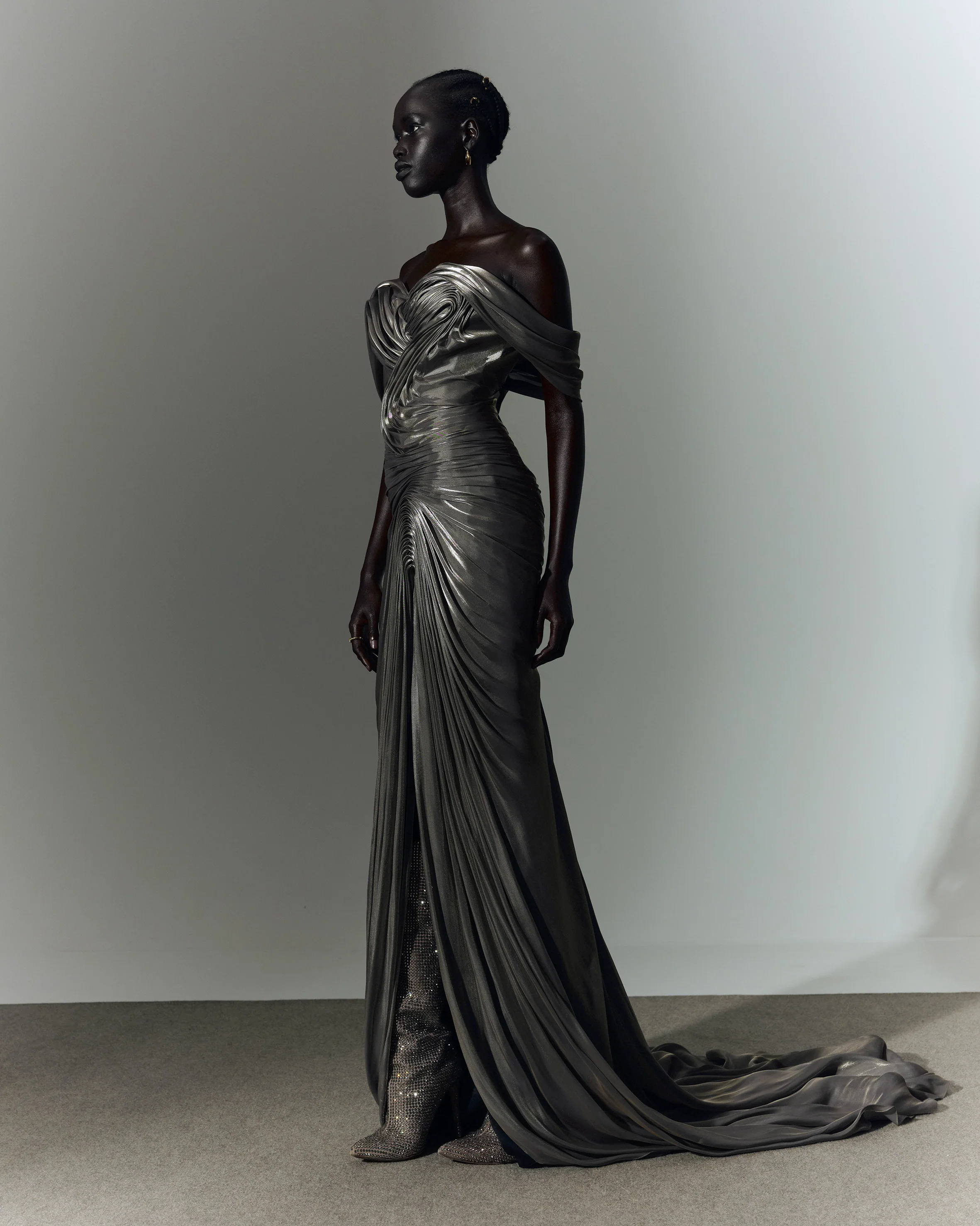Off shoulder draped Satin- like gown with slit - Image 5