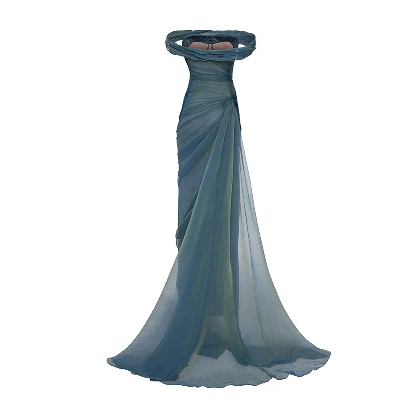 OFF-SHOULDER DRAPED SILKY CHIFFON GOWN WITH SIDE TAIL - Image 3