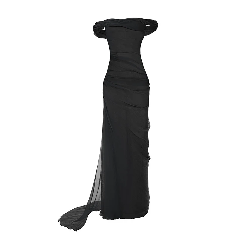 OFF-SHOULDER DRAPED SILKY CHIFFON GOWN WITH SIDE TAIL - Image 5