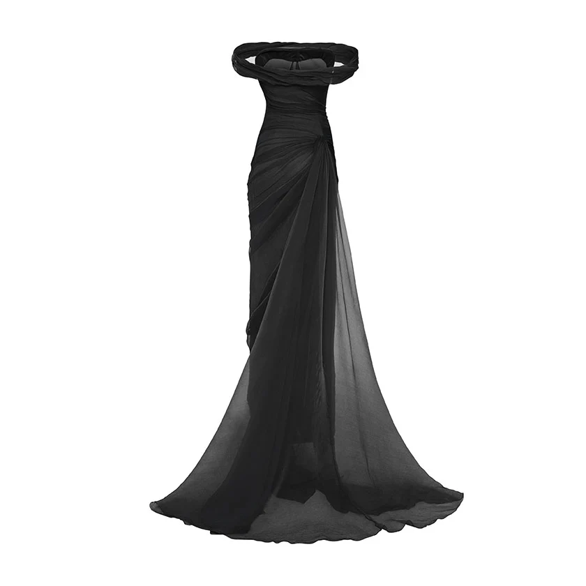 OFF-SHOULDER DRAPED SILKY CHIFFON GOWN WITH SIDE TAIL - Image 6