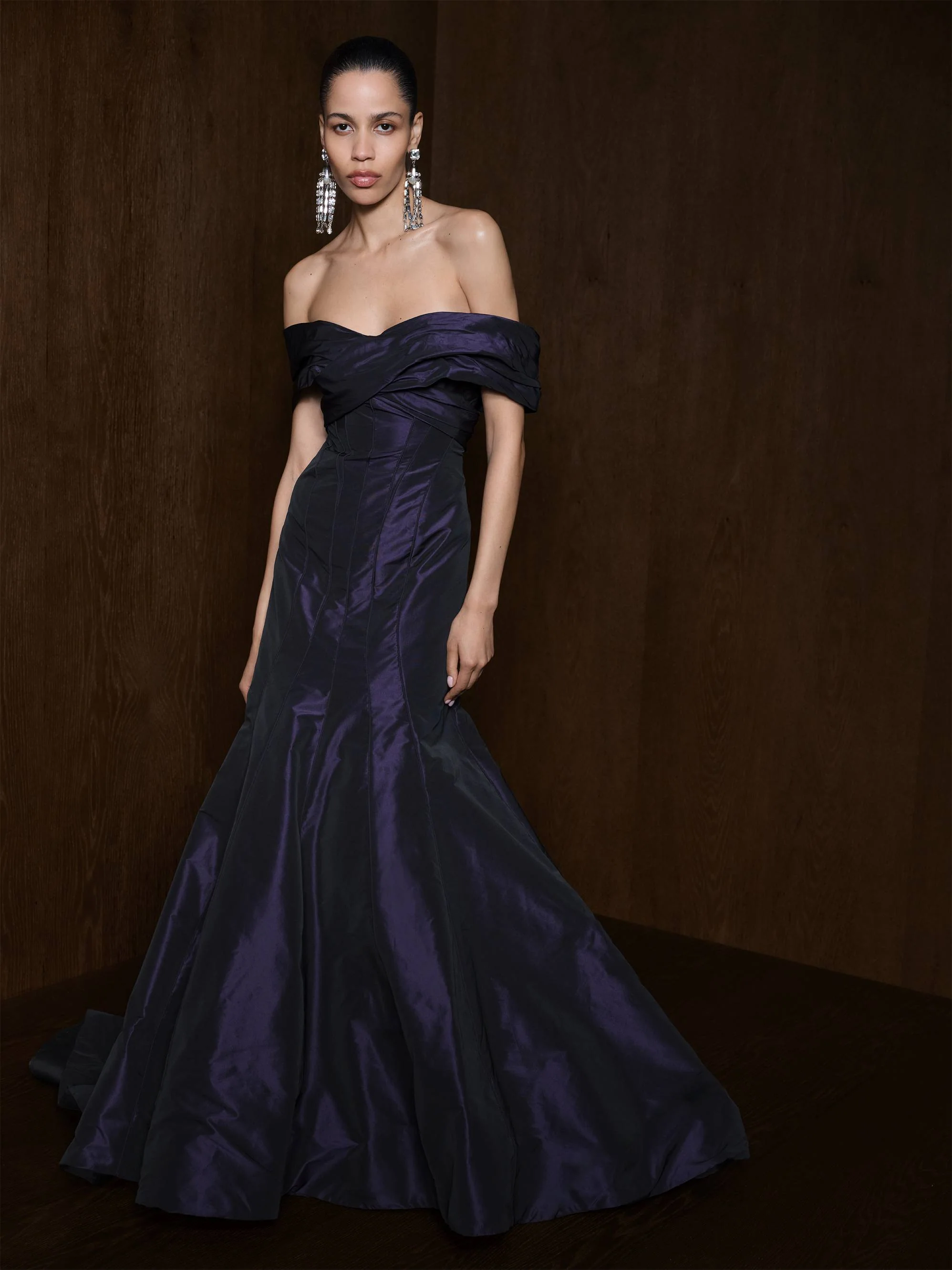 Off-Shoulder Fish Cut Taffeta Dress - Image 3
