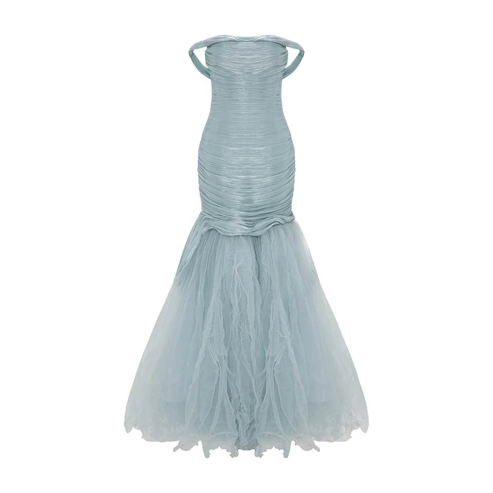 OFF SHOULDER FISHCUT PLEATED ROSEYA DRESS WITH PLEATED TULLE