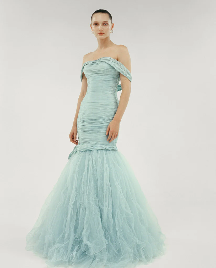 OFF SHOULDER FISHCUT PLEATED ROSEYA DRESS WITH PLEATED TULLE - Image 2