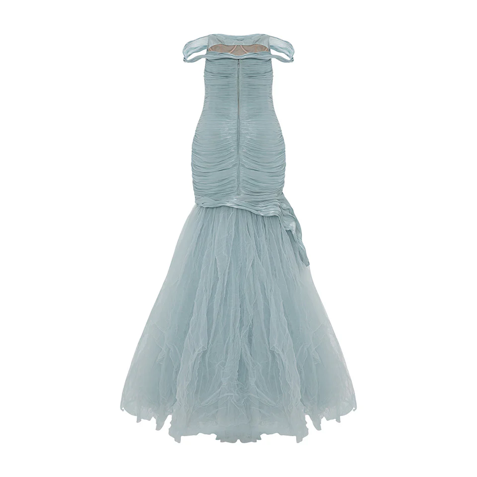 OFF SHOULDER FISHCUT PLEATED ROSEYA DRESS WITH PLEATED TULLE - Image 3