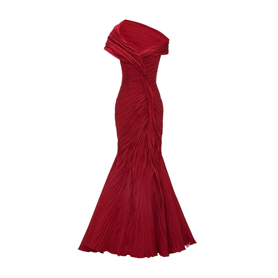 OFF SHOULDER FISHCUT PLEATED TAFFETA DRESS